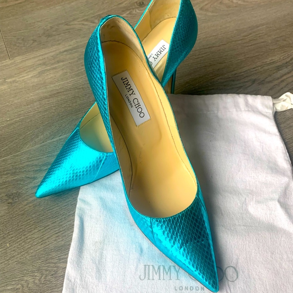 Jimmy Choo Abel Snake Skin Turquoise Stilettos
